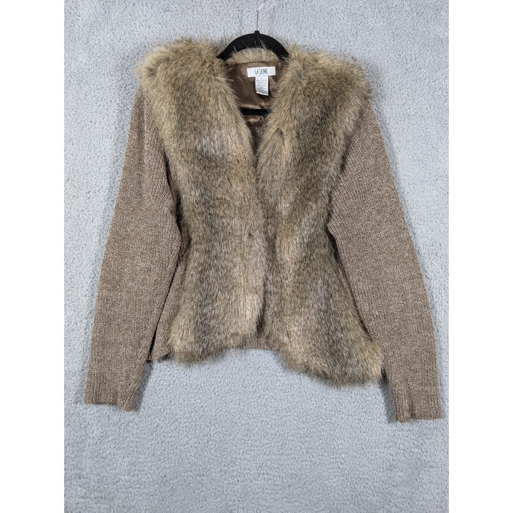 La Seine Faux Fur Trim Knit Cardigan Sweater Women L Brown Y2K Boho Indie Sleaze